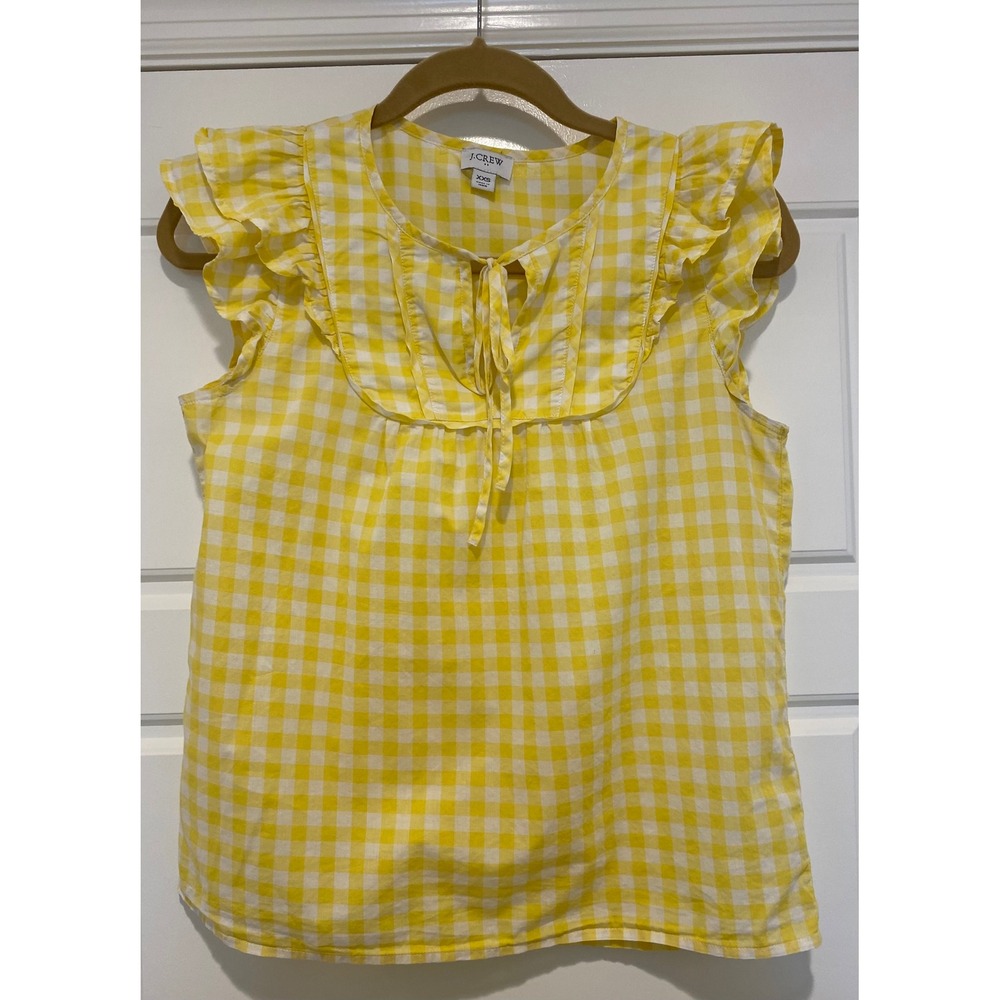 J.Crew Yellow Gingham Flutter Sleeve Ruffle Bib Tie Neck Blouse XXS Cotton 086